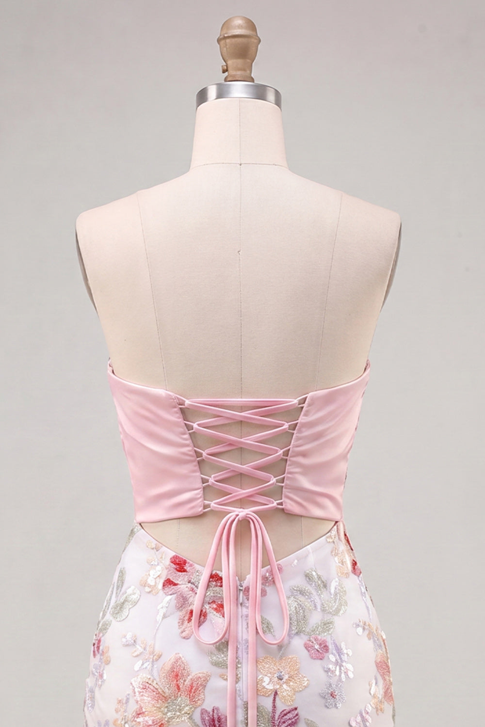 Pink Bodycon Strapless Floral Sequins Lace Up Back Homecoming Dress with Bow