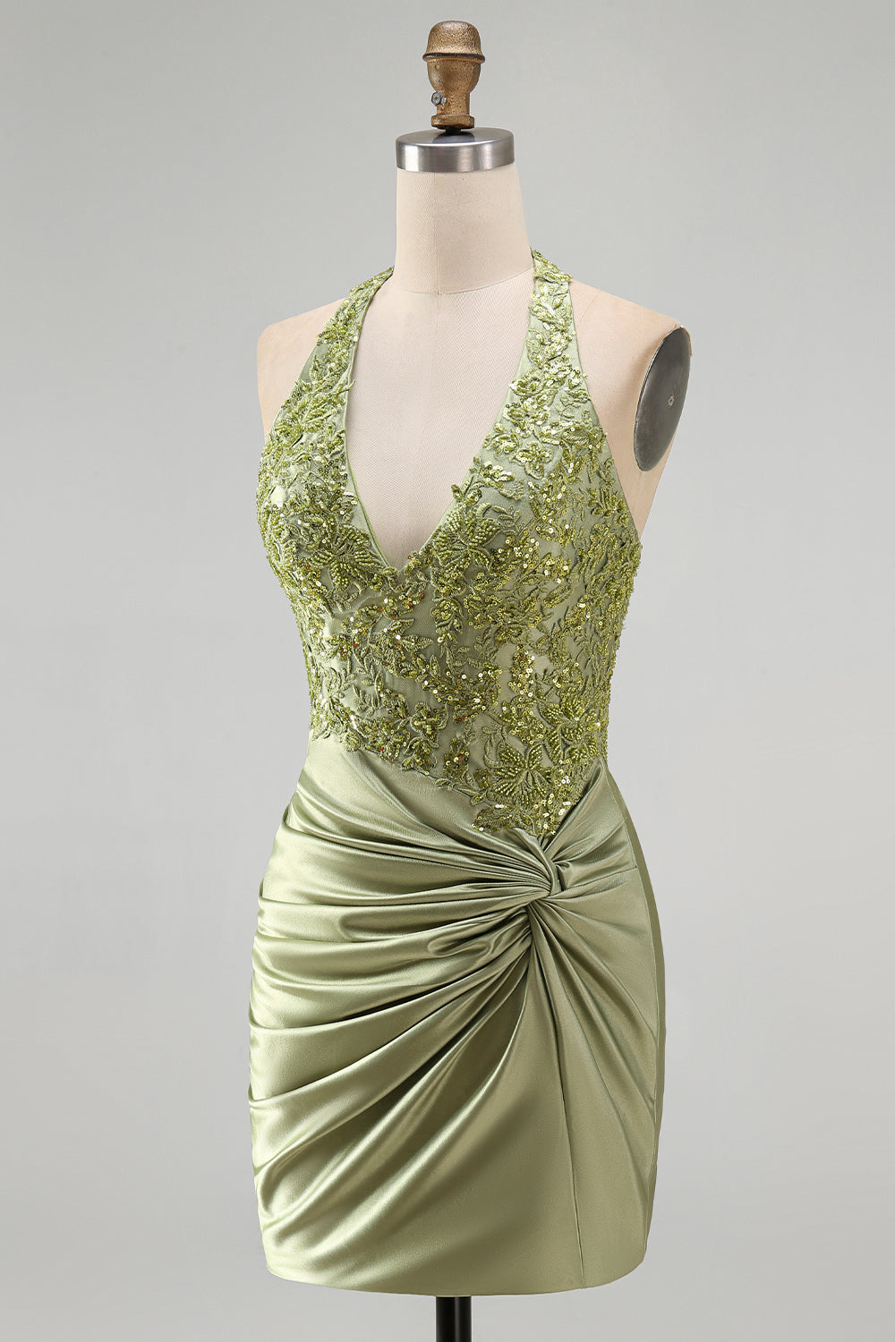 Army Green Halter Neck Ruched Floral Satin Bodycon Beaded Homecoming Dress