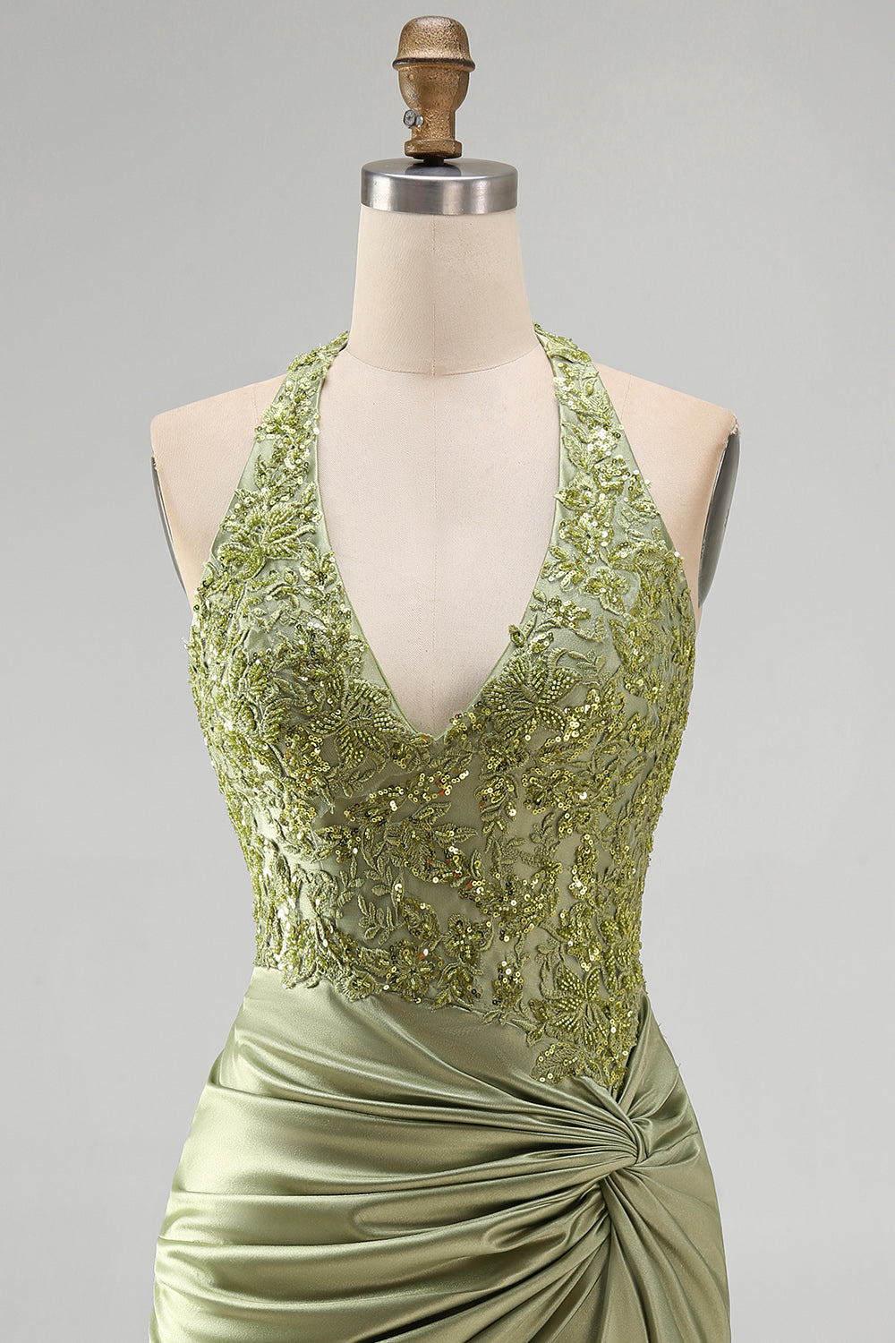 Army Green Halter Neck Ruched Floral Satin Bodycon Beaded Homecoming Dress