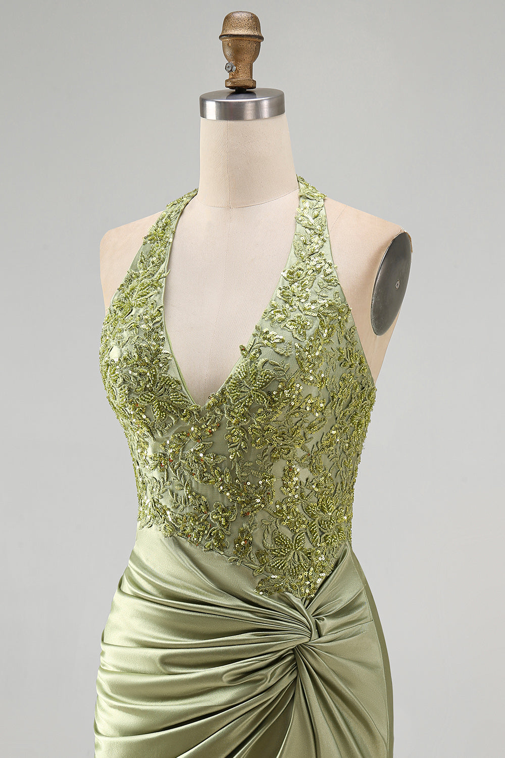 Army Green Halter Neck Ruched Floral Satin Bodycon Beaded Homecoming Dress