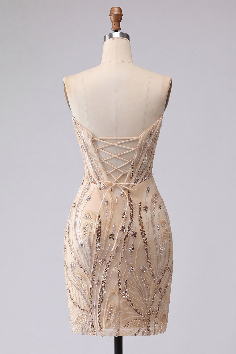 Strapless Champagne Bodycon Sequins Homecoming Dress with Lace Up Back