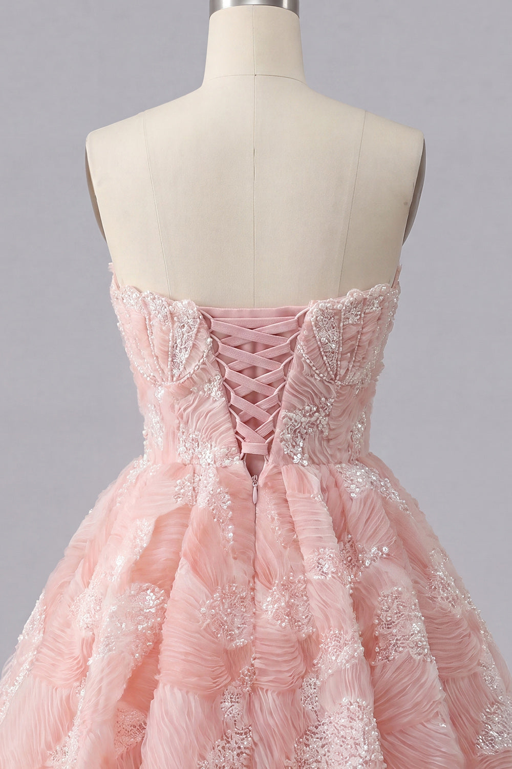 Dusty Blue A-Line Sweetheart Pearl Floral Short Homecoming Dress with Lace Up Back