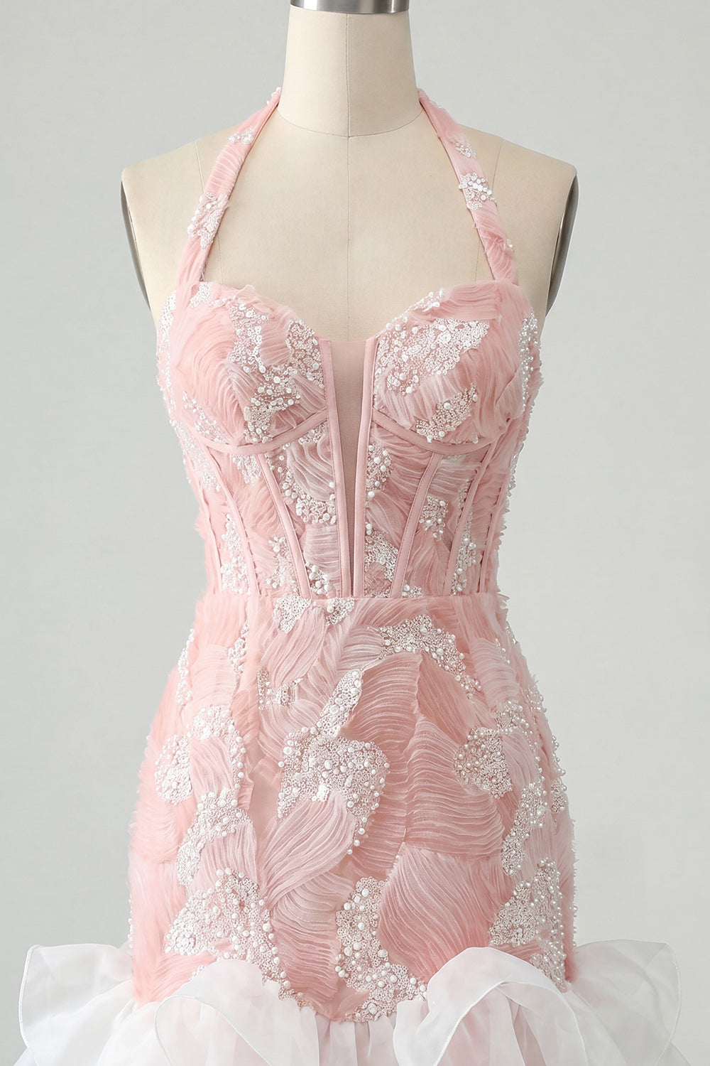 Mint Green Halter Neck Pearl Bodycon Ruffled Floral Homecoming Dress with Lace Up Back