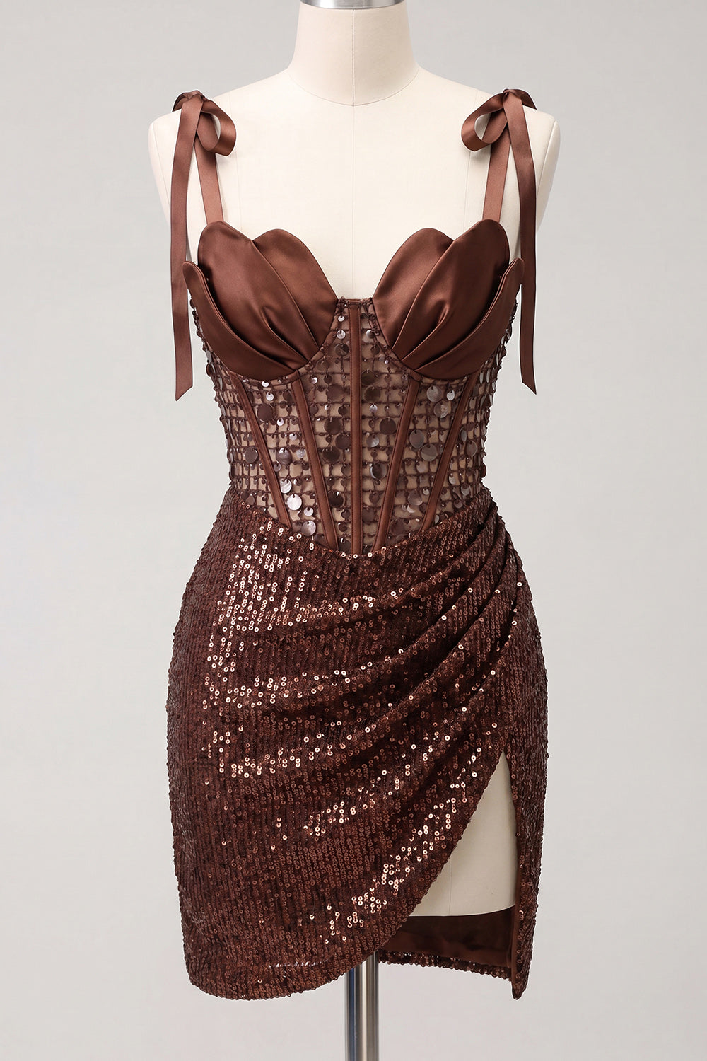 Robe de bal dos nu à corset transparente scintillante avec sequins, lacets, nœuds, bretelles et fente