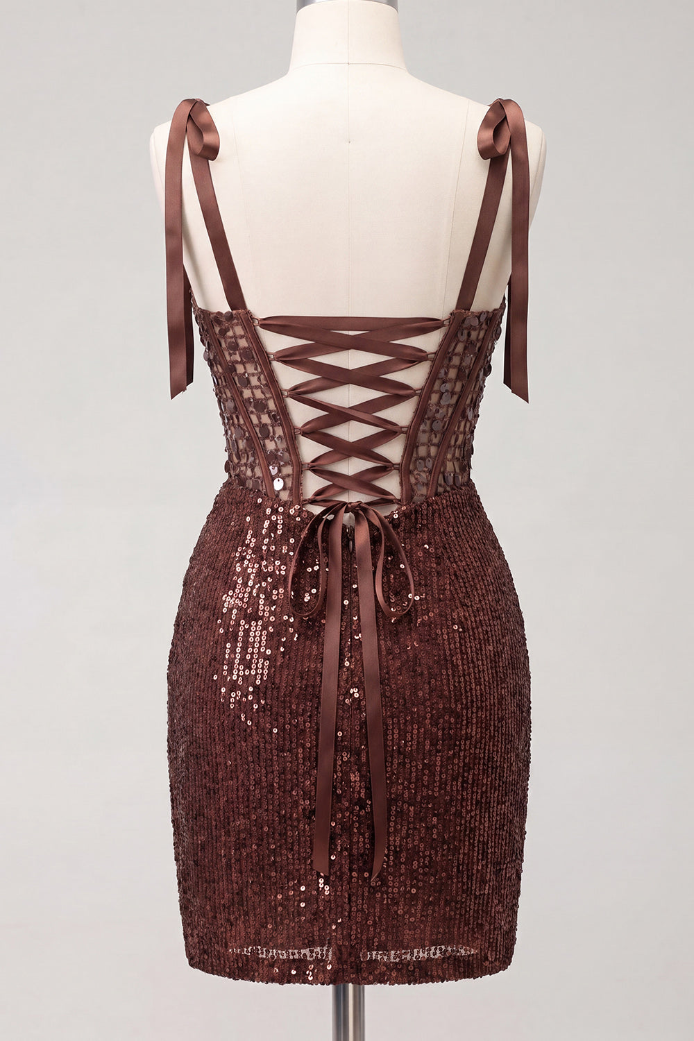 Robe de bal dos nu à corset transparente scintillante avec sequins, lacets, nœuds, bretelles et fente