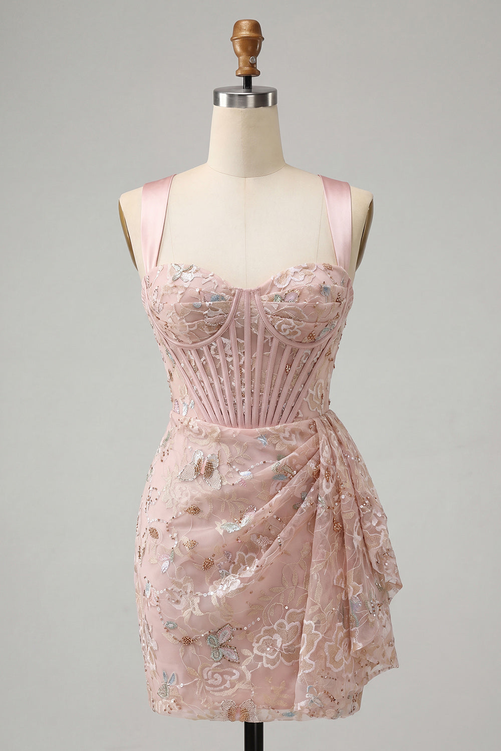 Robe de soirée moulante blush avec corset dos lacé, fronces et ceinture