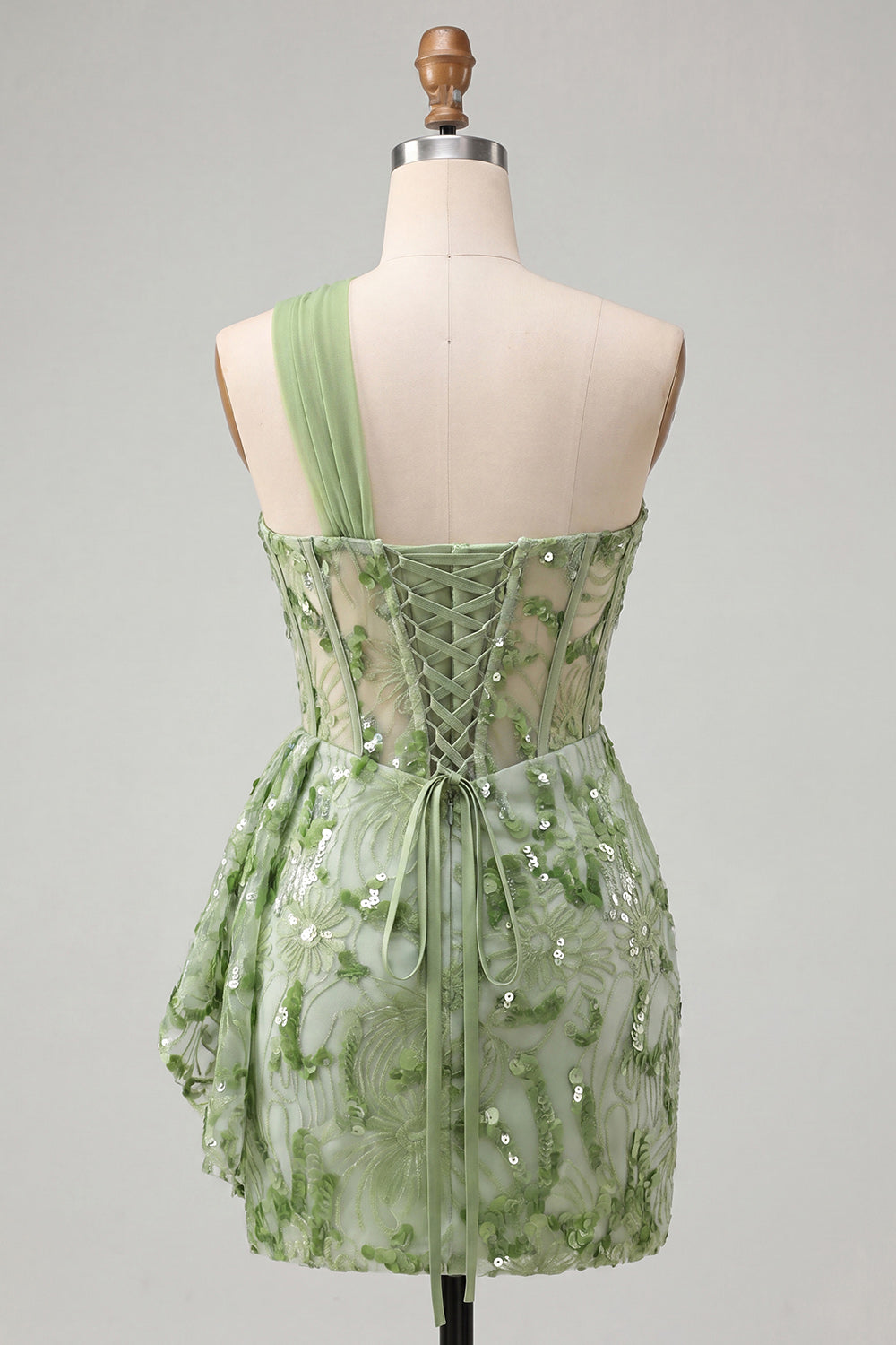 Green Bodycon Corset One Shoulder Lace Up Back Sequins Homecoming Dress with Sash