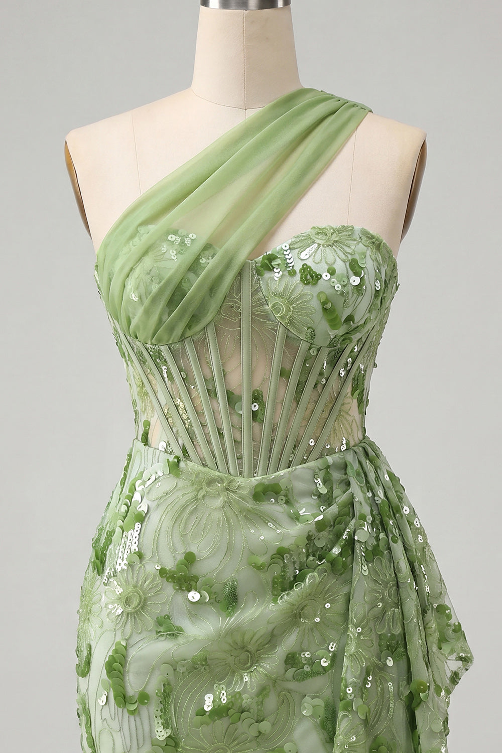 Green Bodycon Corset One Shoulder Lace Up Back Sequins Homecoming Dress with Sash