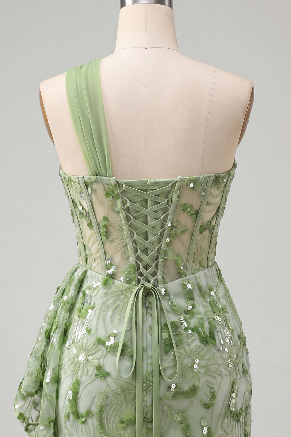 Green Bodycon Corset One Shoulder Lace Up Back Sequins Homecoming Dress with Sash