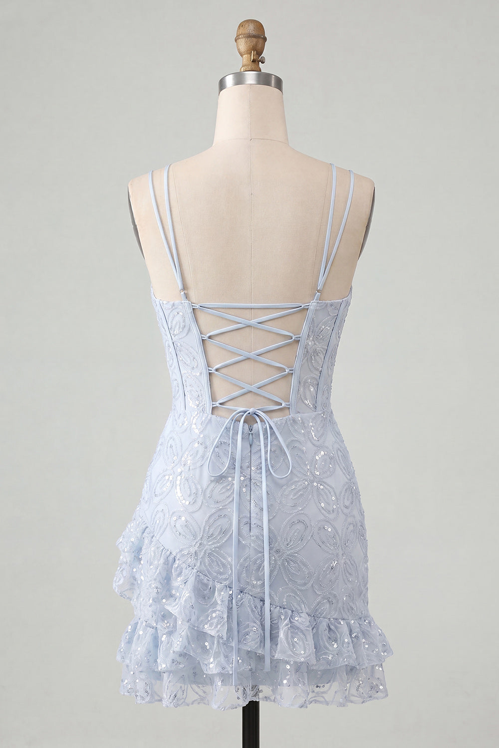 Light Blue Bodycon Corset Lace Up Back Sequins Homecoming Dress with Ruffles