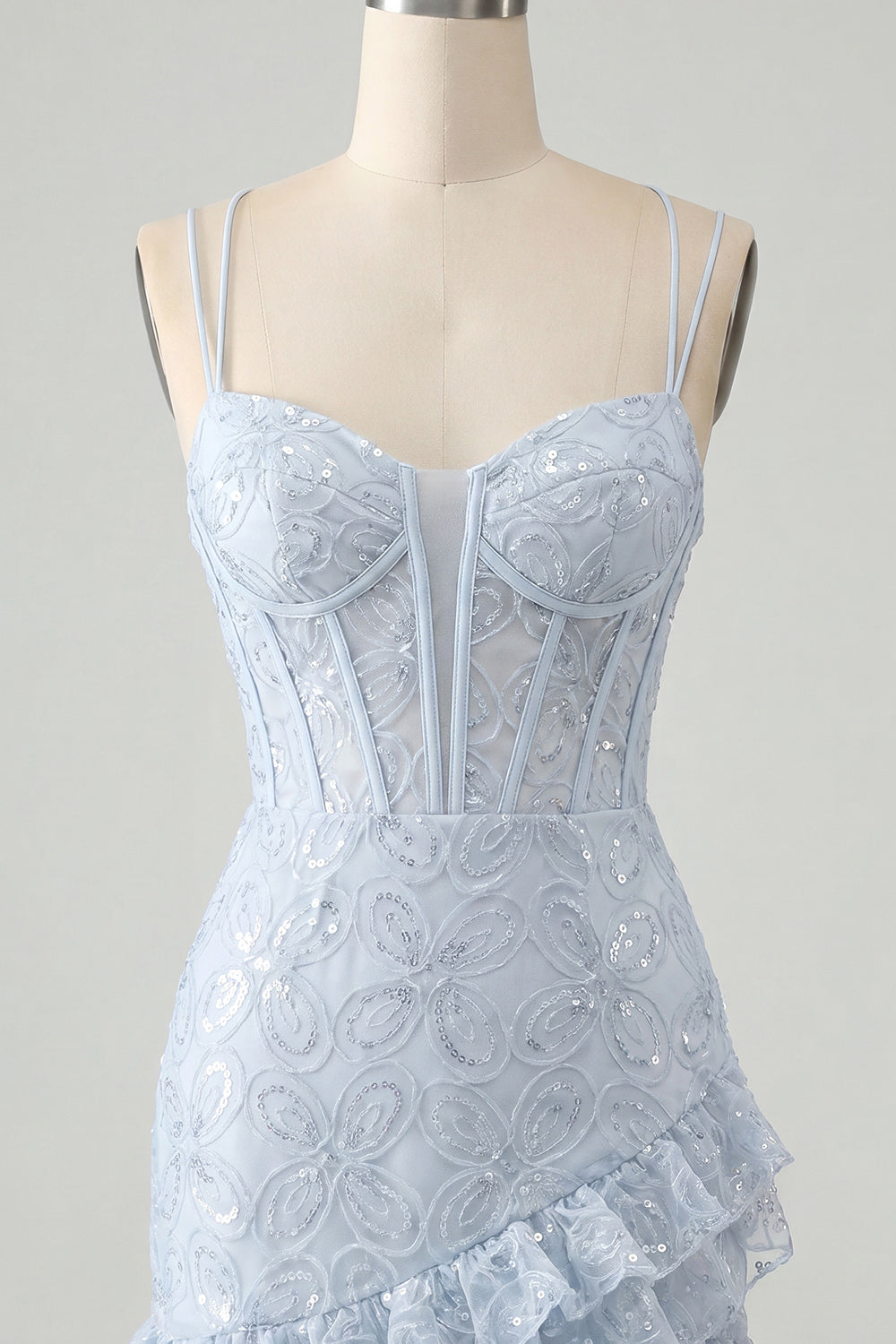 Light Blue Bodycon Corset Lace Up Back Sequins Homecoming Dress with Ruffles