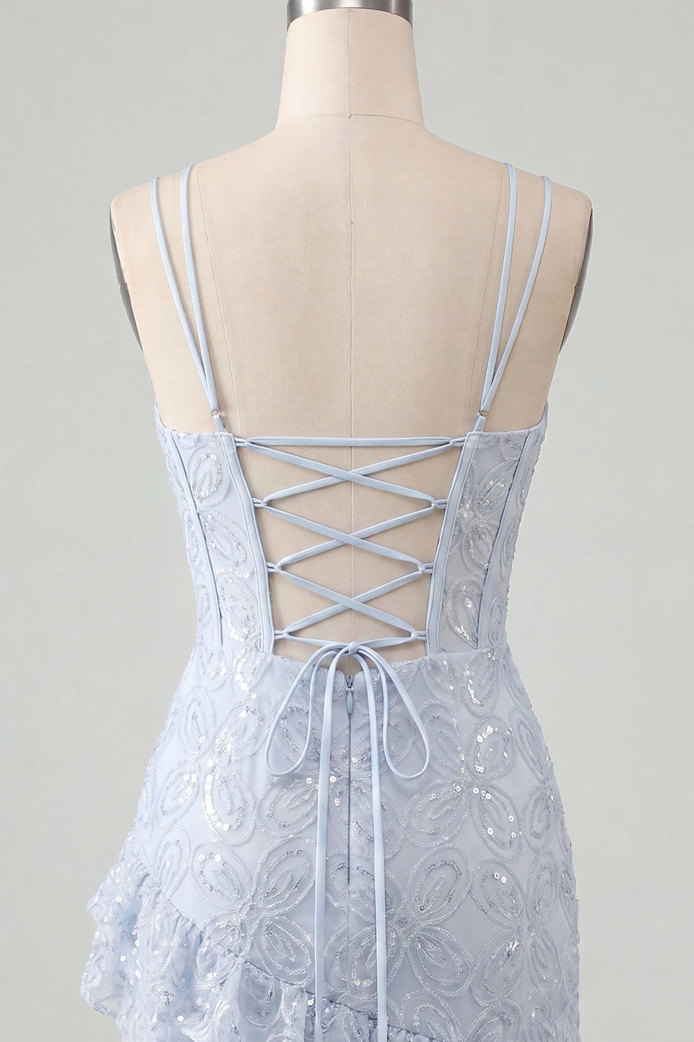 Light Blue Bodycon Corset Lace Up Back Sequins Homecoming Dress with Ruffles
