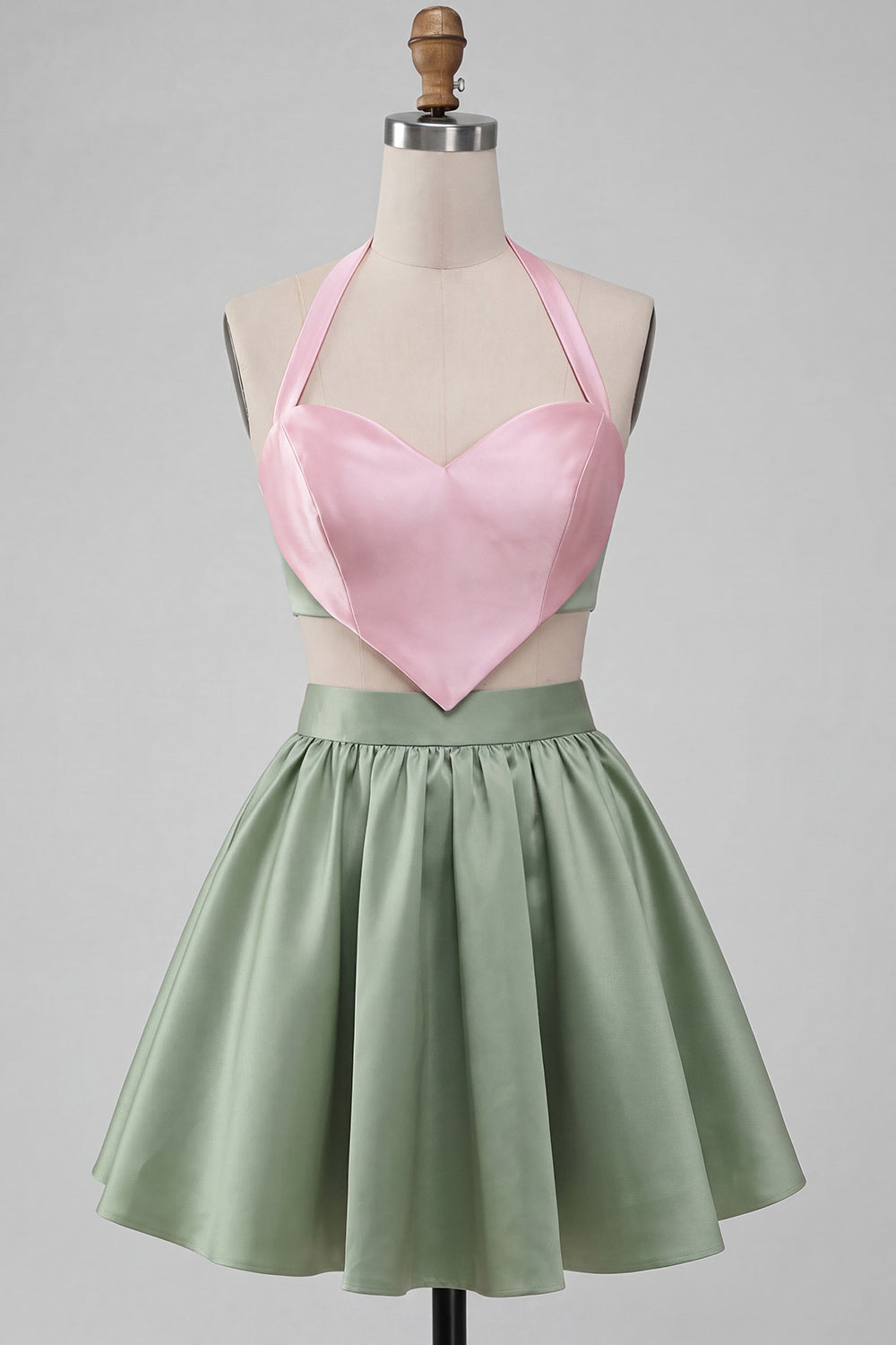 Pink and Green A-Line 2 Piece Halter Neck Satin Homecoming Dress