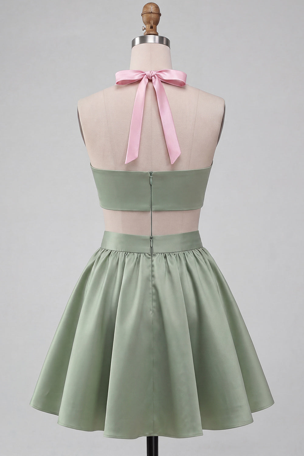 Pink and Green A-Line 2 Piece Halter Neck Satin Homecoming Dress