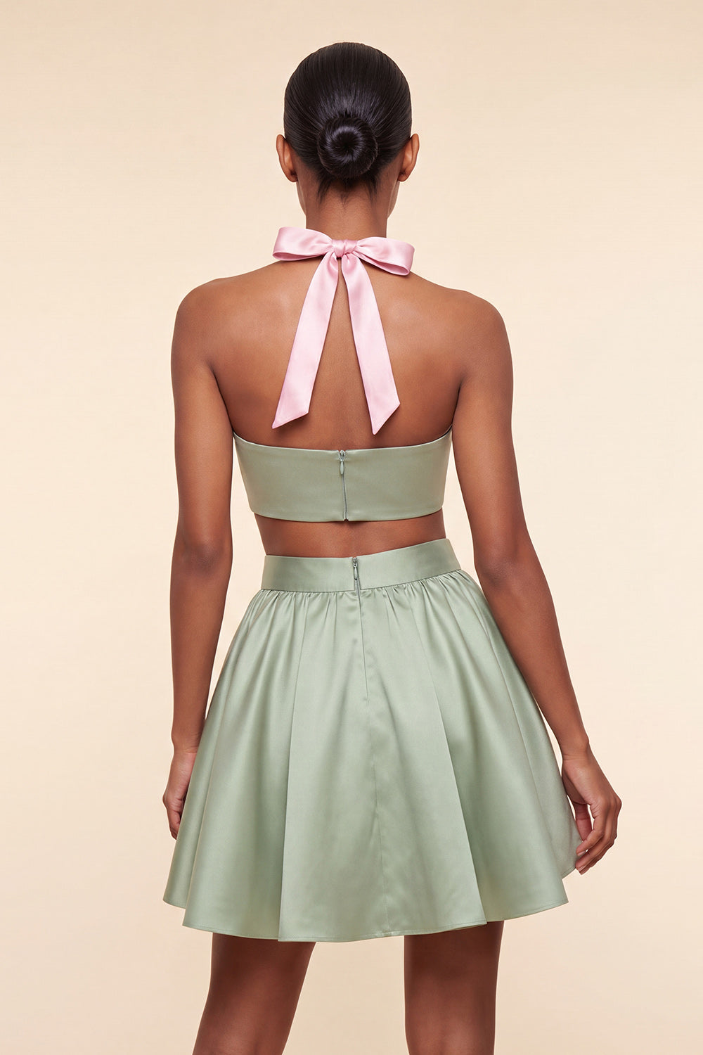 Pink and Green A-Line 2 Piece Halter Neck Satin Homecoming Dress