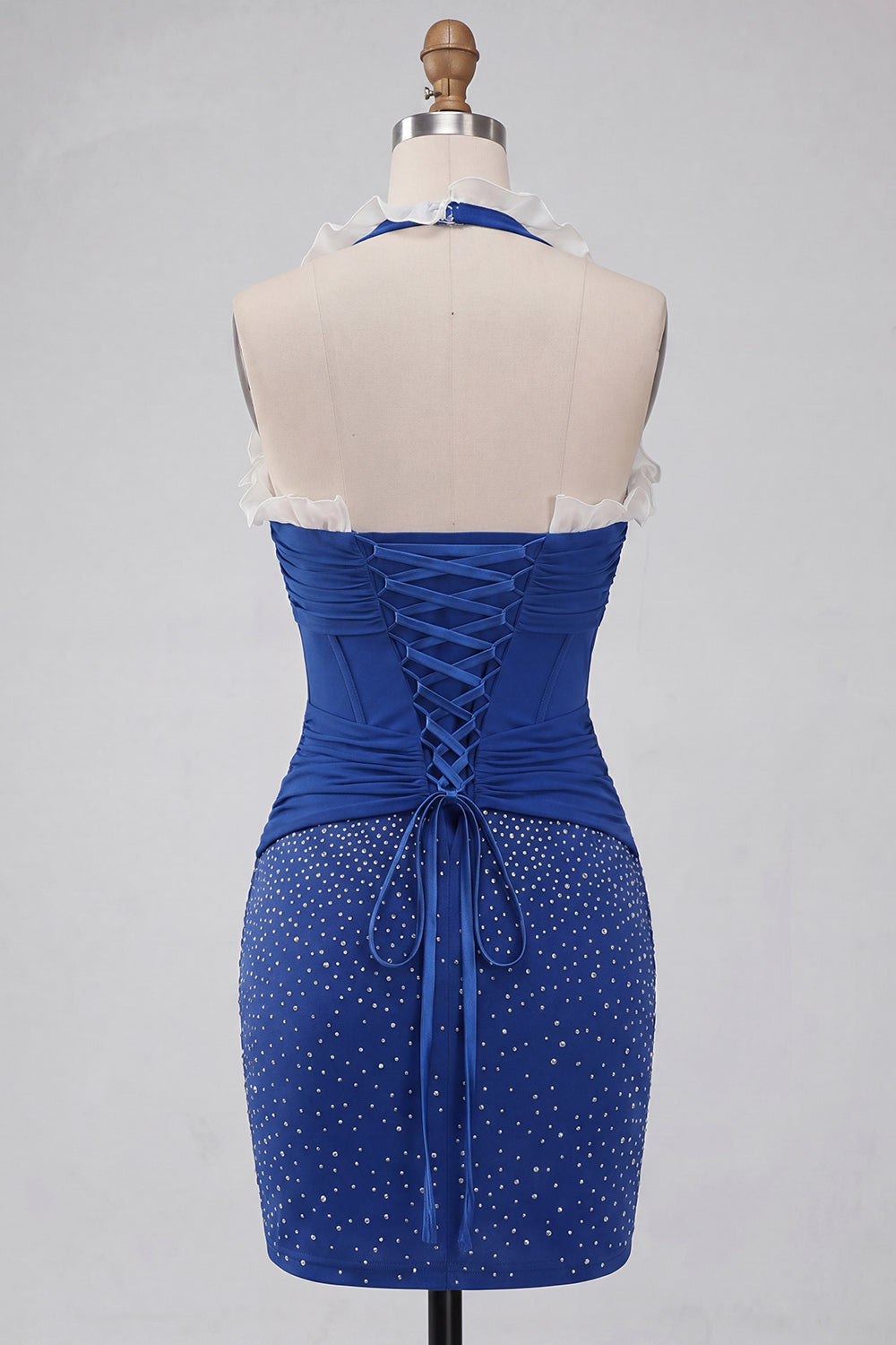 Dark Blue Halter Neck Bodycon Corset Ruffled Ruched Beaded Homecoming Dress with Lace Up Back