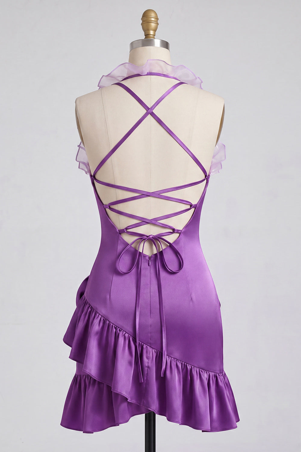 Purple Bodycon Halter Neck Satin Ruffled Homecoming Dress with 3D Flowers