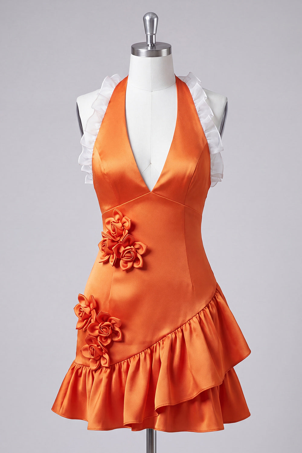 Orange Halter Neck Satin Bodycon Ruffled Lace-Up Back Homecoming Dress with 3D Flowers