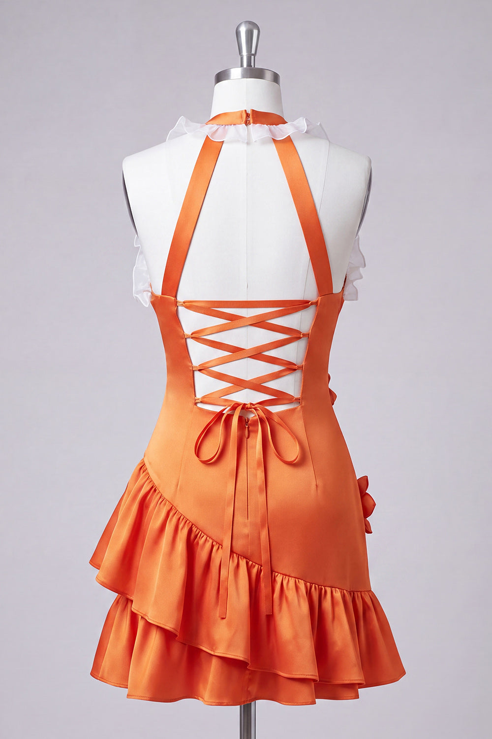 Orange Halter Neck Satin Bodycon Ruffled Lace-Up Back Homecoming Dress with 3D Flowers