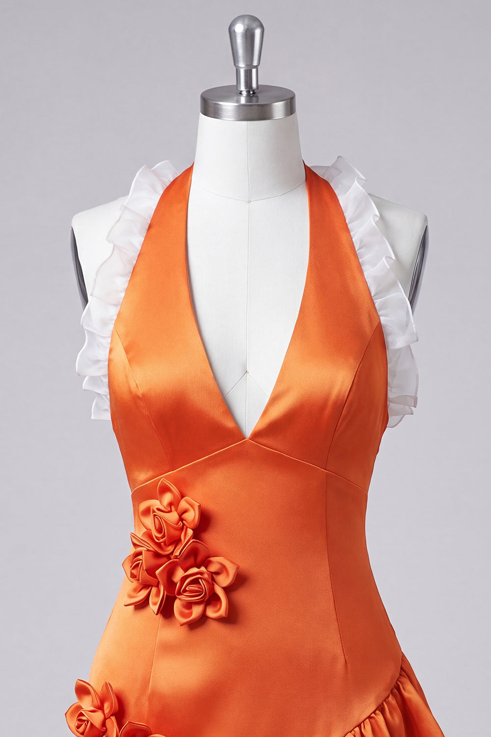 Orange Halter Neck Satin Bodycon Ruffled Lace-Up Back Homecoming Dress with 3D Flowers