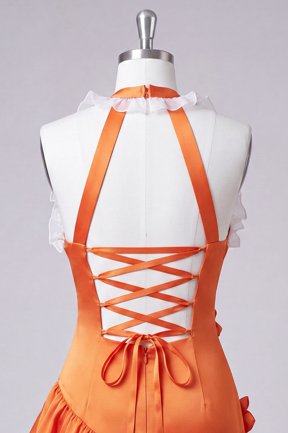 Orange Halter Neck Satin Bodycon Ruffled Lace-Up Back Homecoming Dress with 3D Flowers