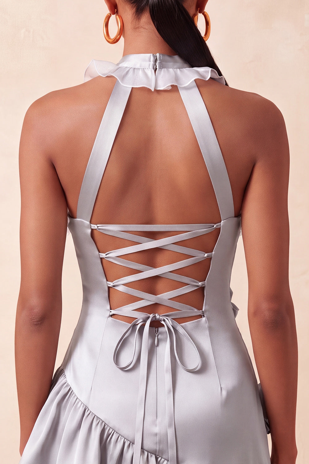 Orange Halter Neck Satin Bodycon Ruffled Lace-Up Back Homecoming Dress with 3D Flowers
