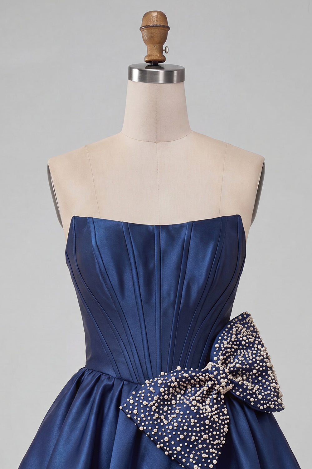 Navy Satin Strapless A-Line Pearl Corset Lace Up Back Homecoming Dress with Bow