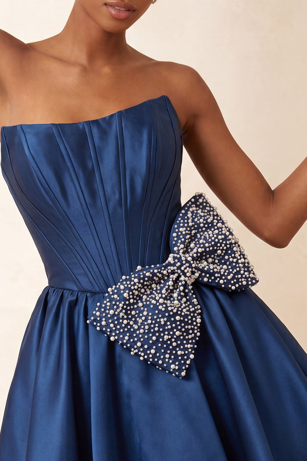 Navy Satin Strapless A-Line Pearl Corset Lace Up Back Homecoming Dress with Bow