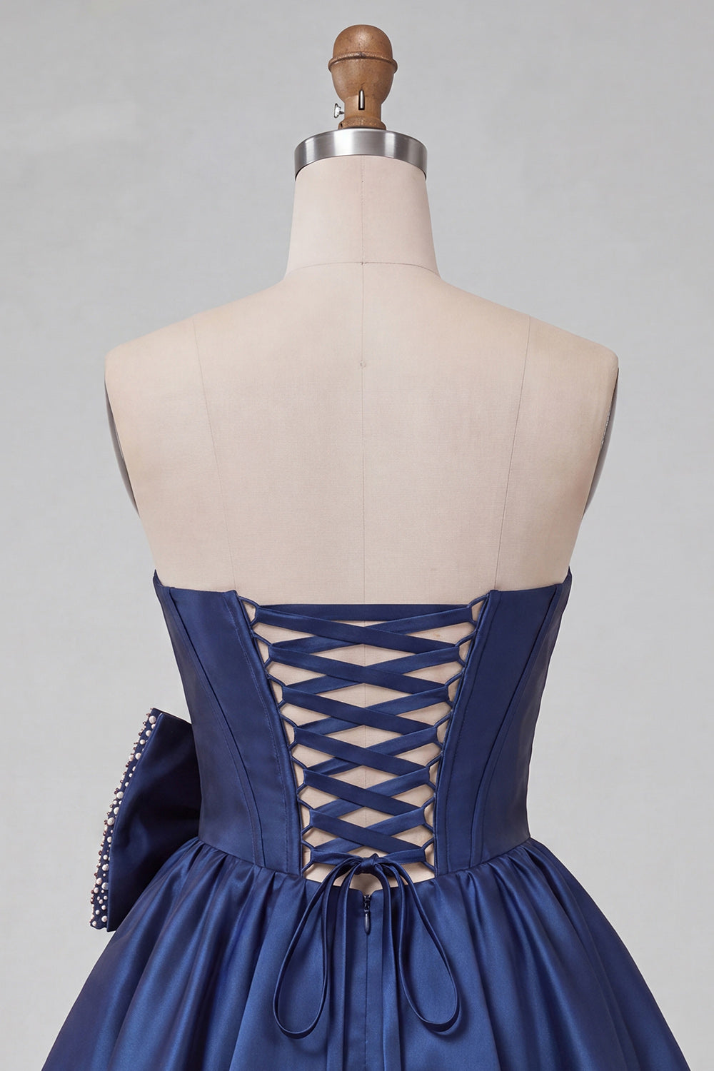 Navy Satin Strapless A-Line Pearl Corset Lace Up Back Homecoming Dress with Bow