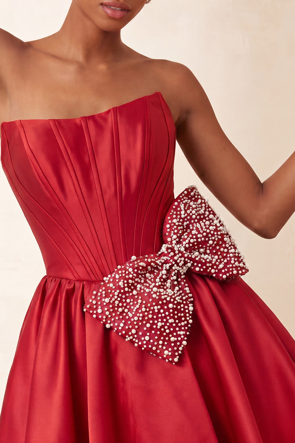 Navy Satin Strapless A-Line Pearl Corset Lace Up Back Homecoming Dress with Bow