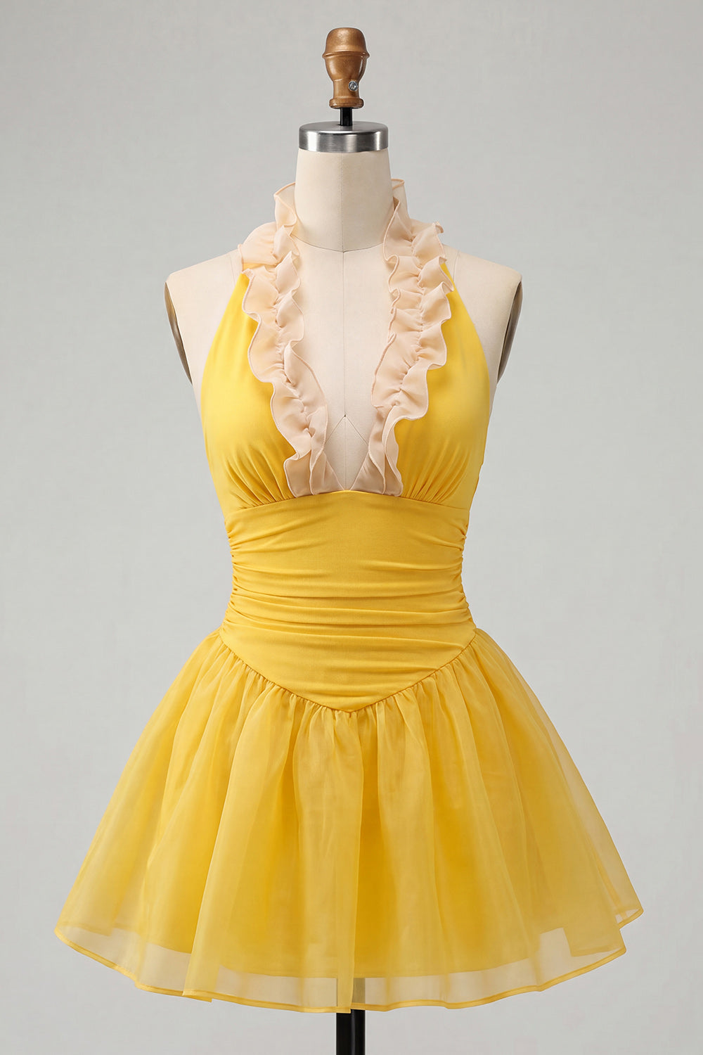 Robe de bal dos nu trapèze jaune froncée à volants avec laçage au dos