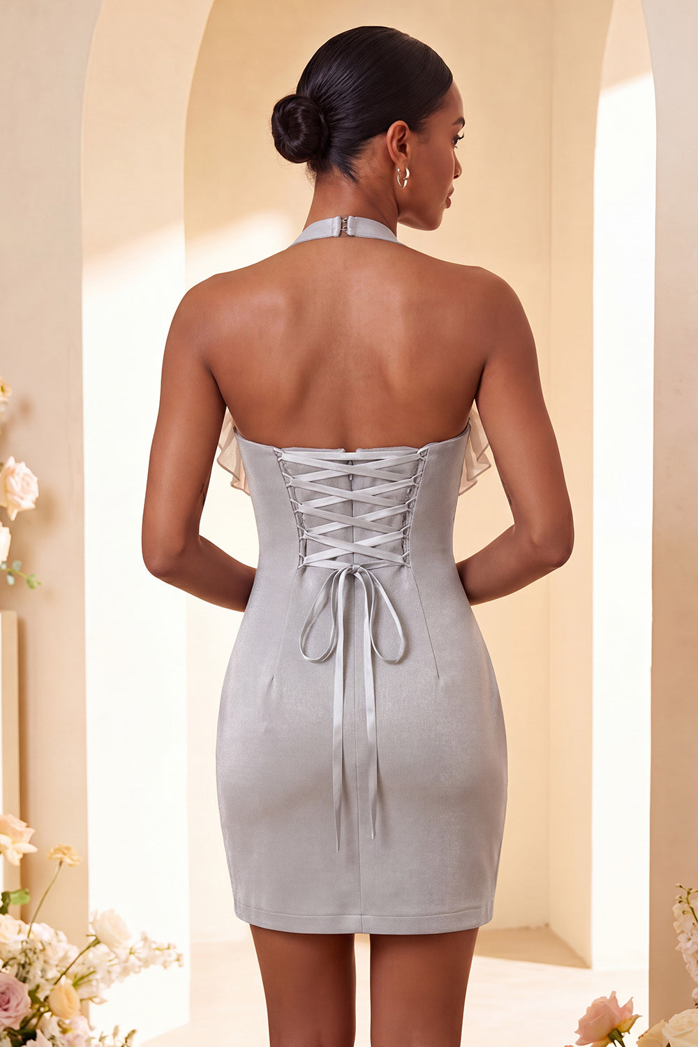 Purple Bodycon Halter Neck Lace Up Back Homecoming Dress with Ruffles