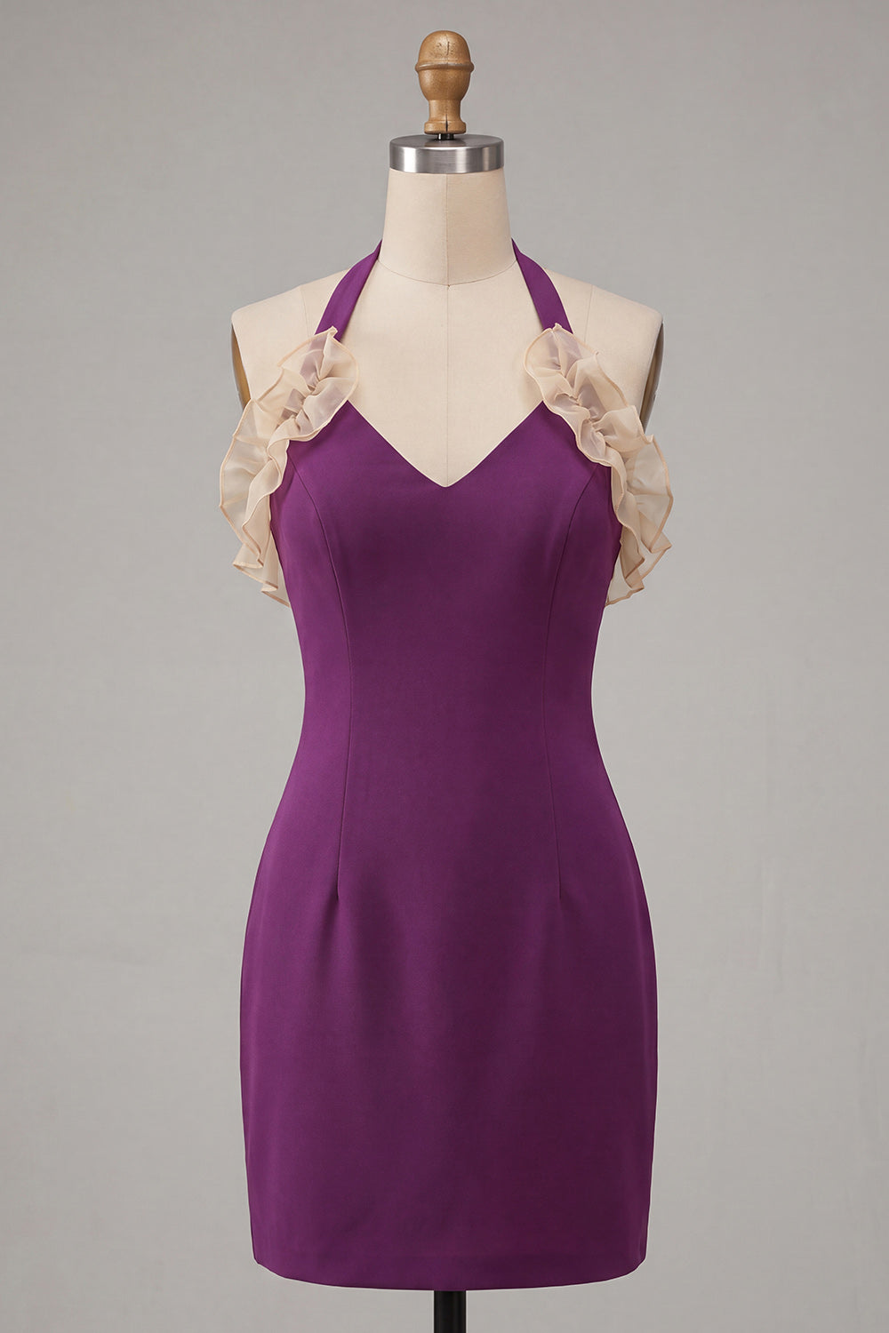 Purple Bodycon Halter Neck Lace Up Back Homecoming Dress with Ruffles