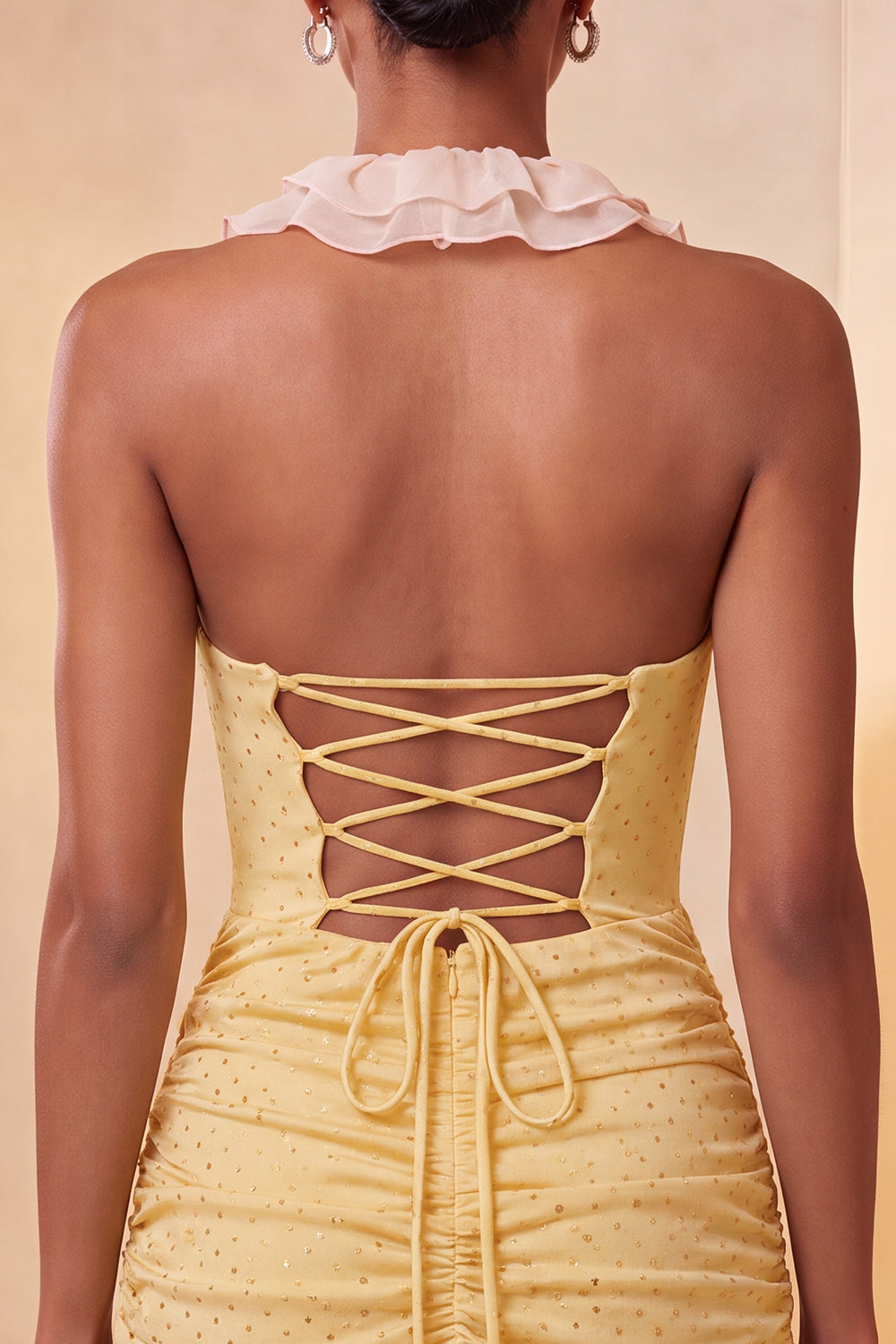 Halter Neck Red Bodycon Ruched Ruffled Glitter Homecoming Dress with Lace Up Back