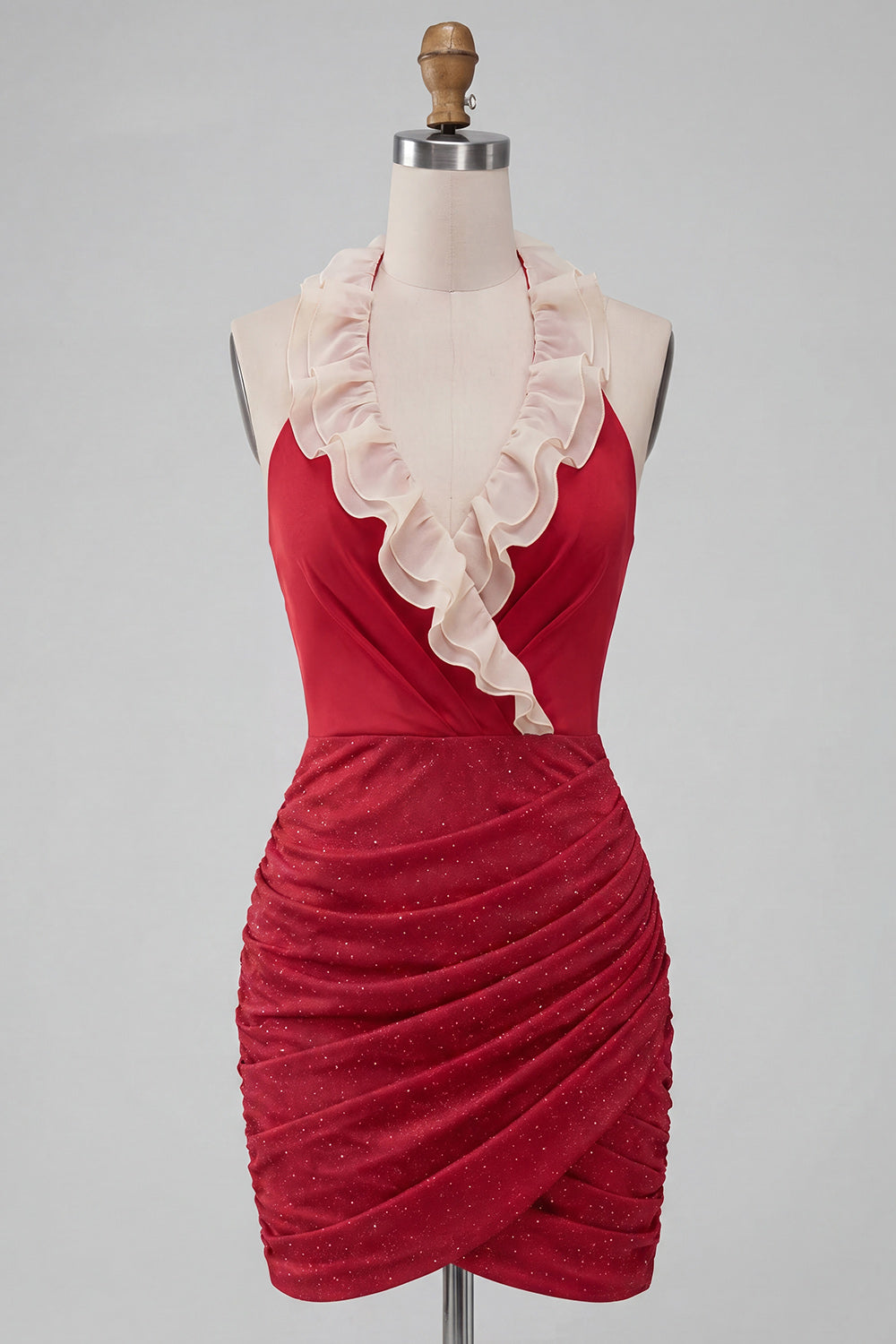 Halter Neck Red Bodycon Ruched Ruffled Glitter Homecoming Dress with Lace Up Back