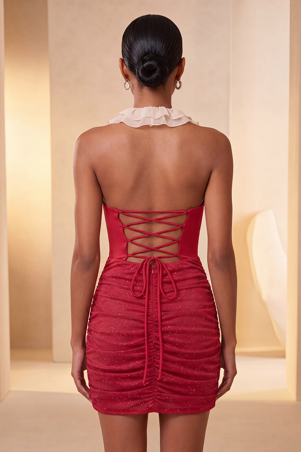 Halter Neck Red Bodycon Ruched Ruffled Glitter Homecoming Dress with Lace Up Back