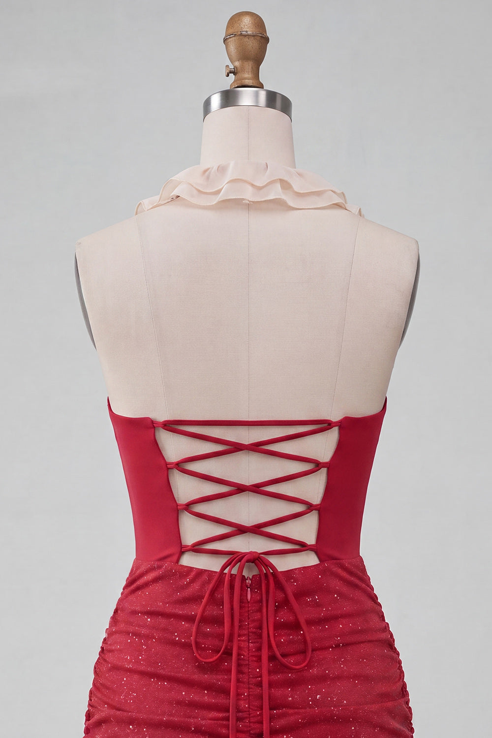 Halter Neck Red Bodycon Ruched Ruffled Glitter Homecoming Dress with Lace Up Back