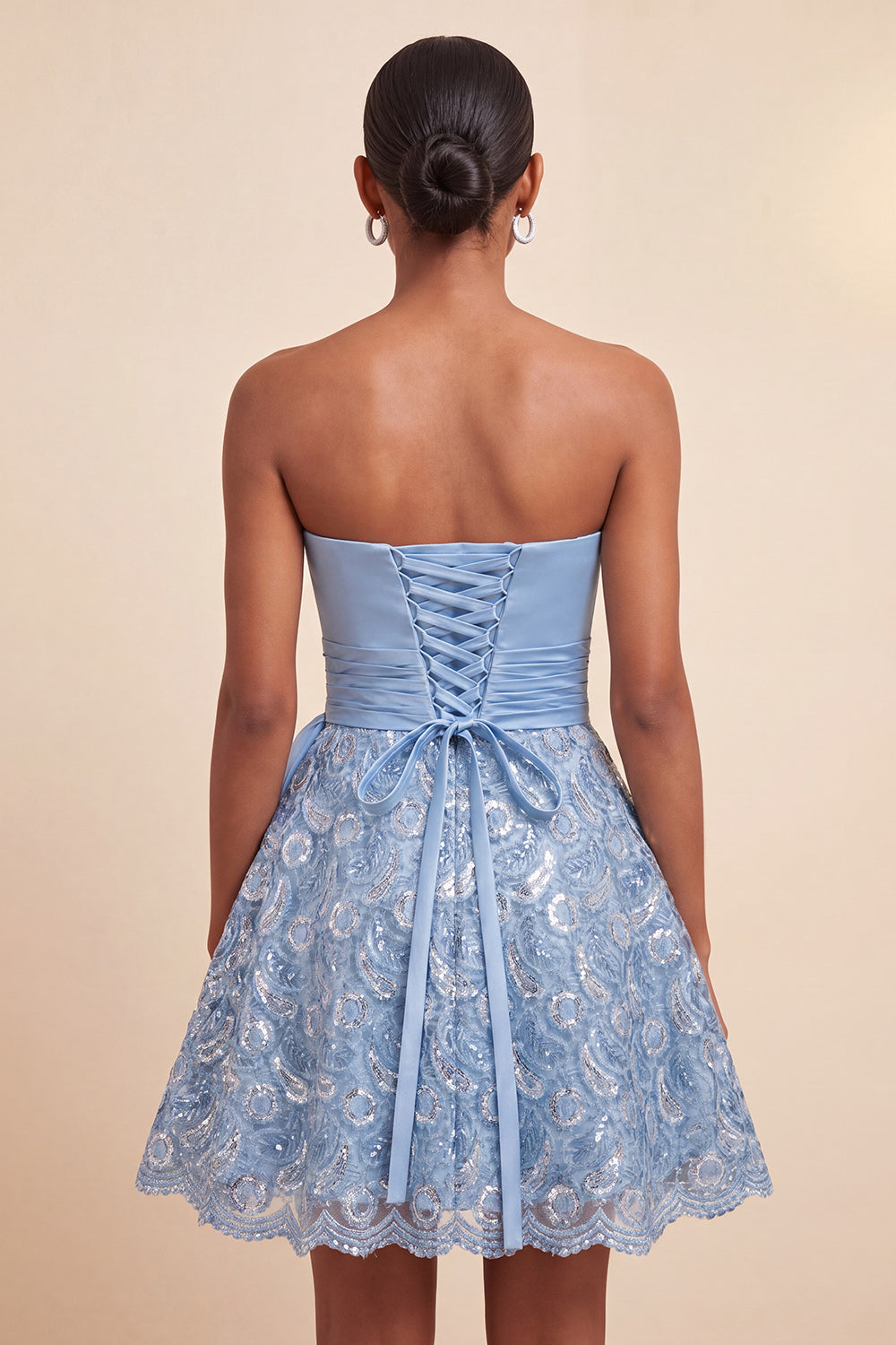 Sky Blue A-Line Sweetheart Sequins Lace Up Back Homecoming Dress with Sash