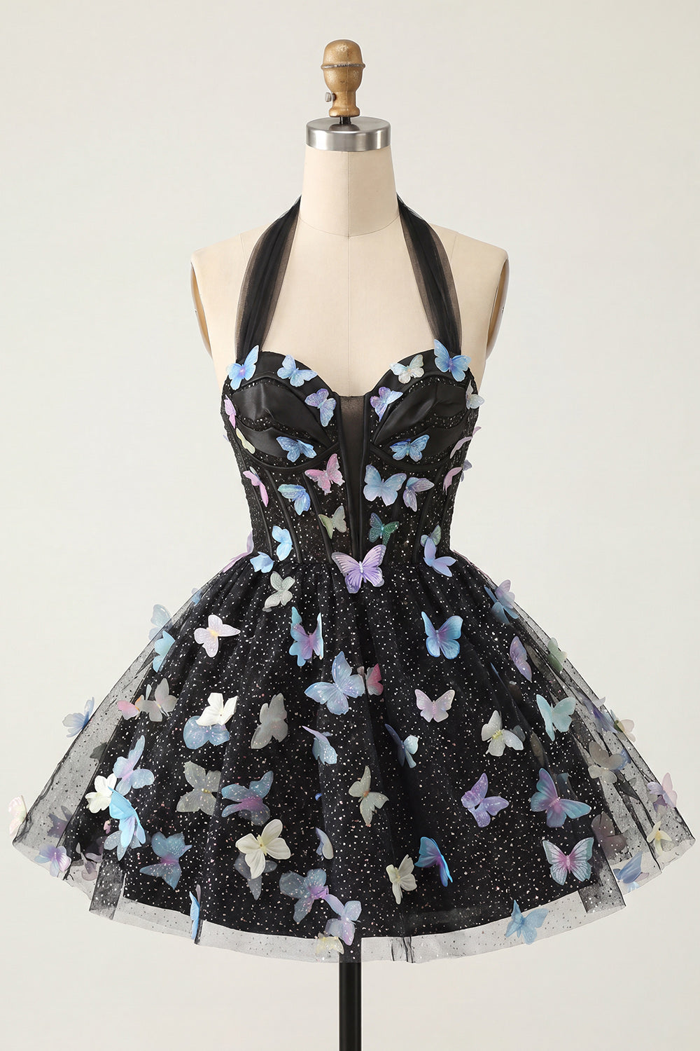 Robe Courte de Bal de Rentrée Noir Évasée à Licol avec Corset et Lacets au Dos et Papillons