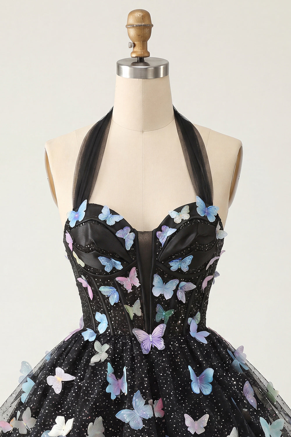 Robe Courte de Bal de Rentrée Noir Évasée à Licol avec Corset et Lacets au Dos et Papillons