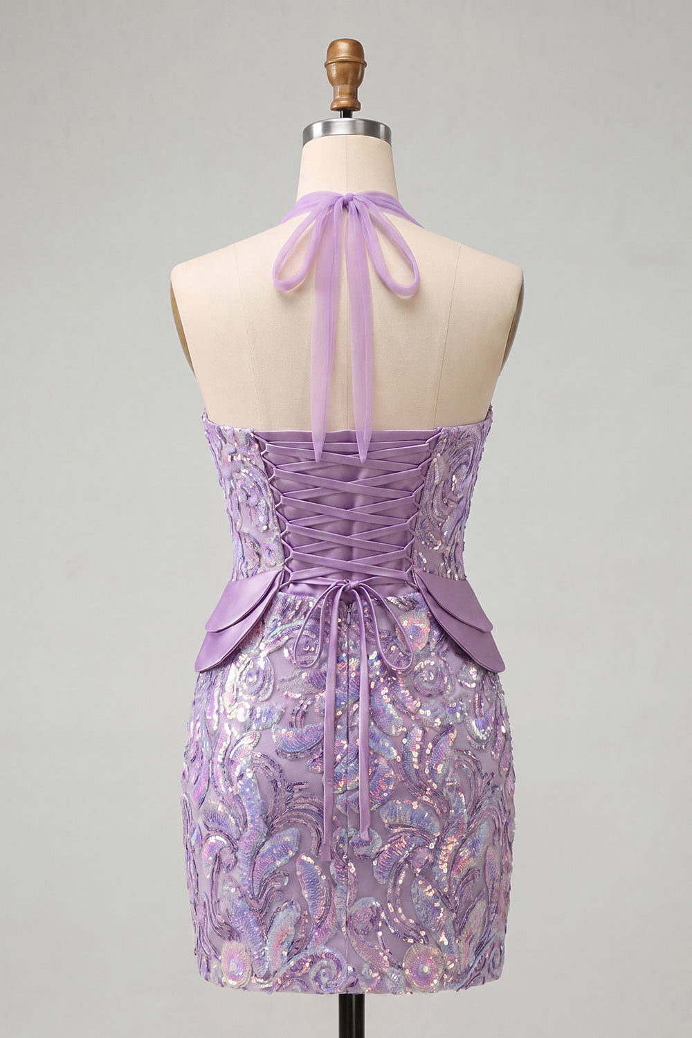 Lilac Halter Neck Bodycon Sequins Short Homecoming Dress with Lace Up Back