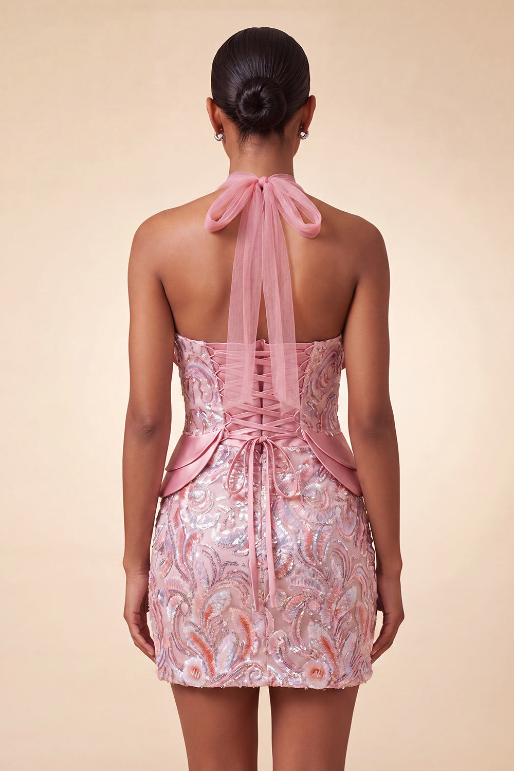 Lilac Halter Neck Bodycon Sequins Short Homecoming Dress with Lace Up Back