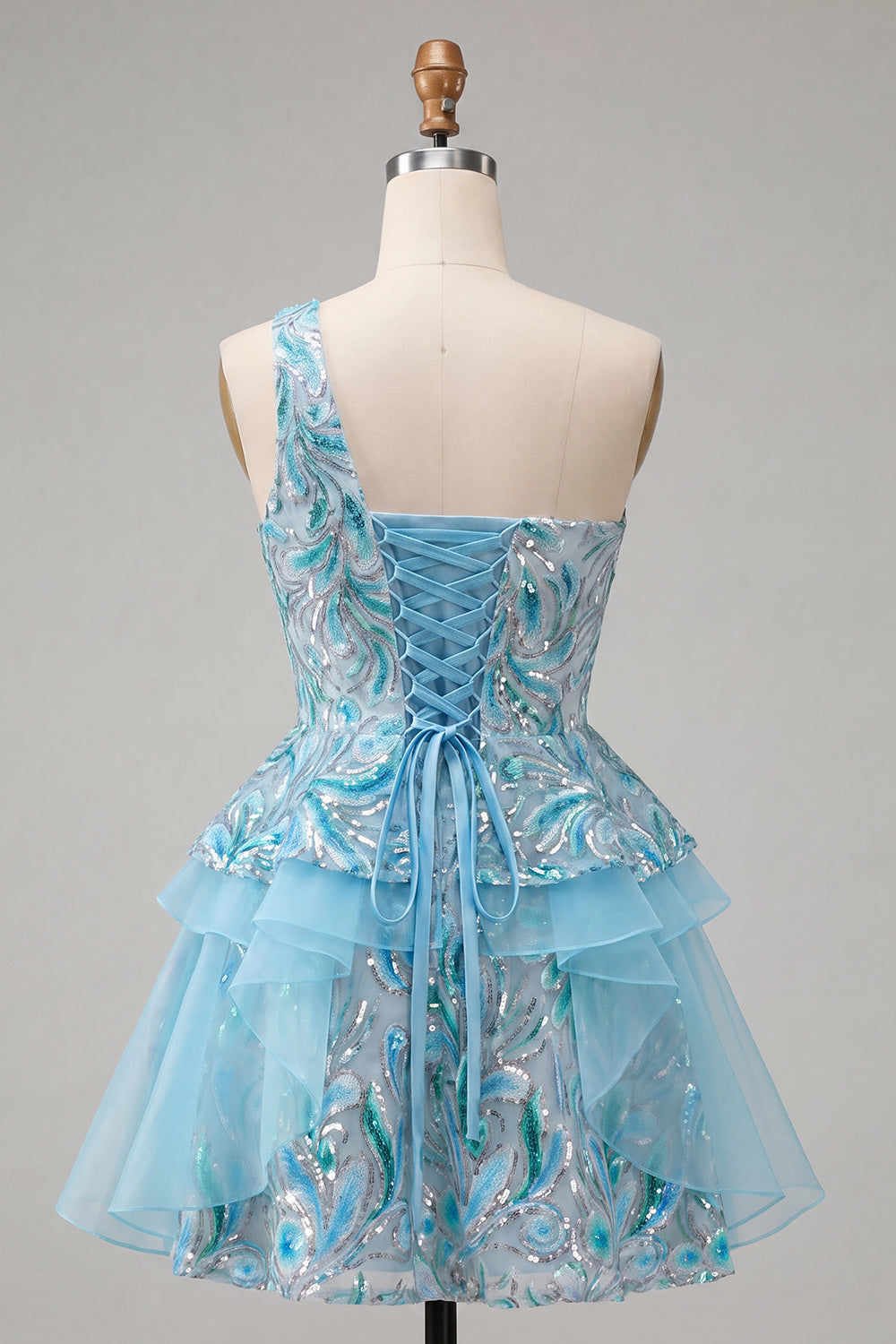 Light Blue A-Line One Shoulder Sequins Ruffled Homecoming Dress with Lace Up Back