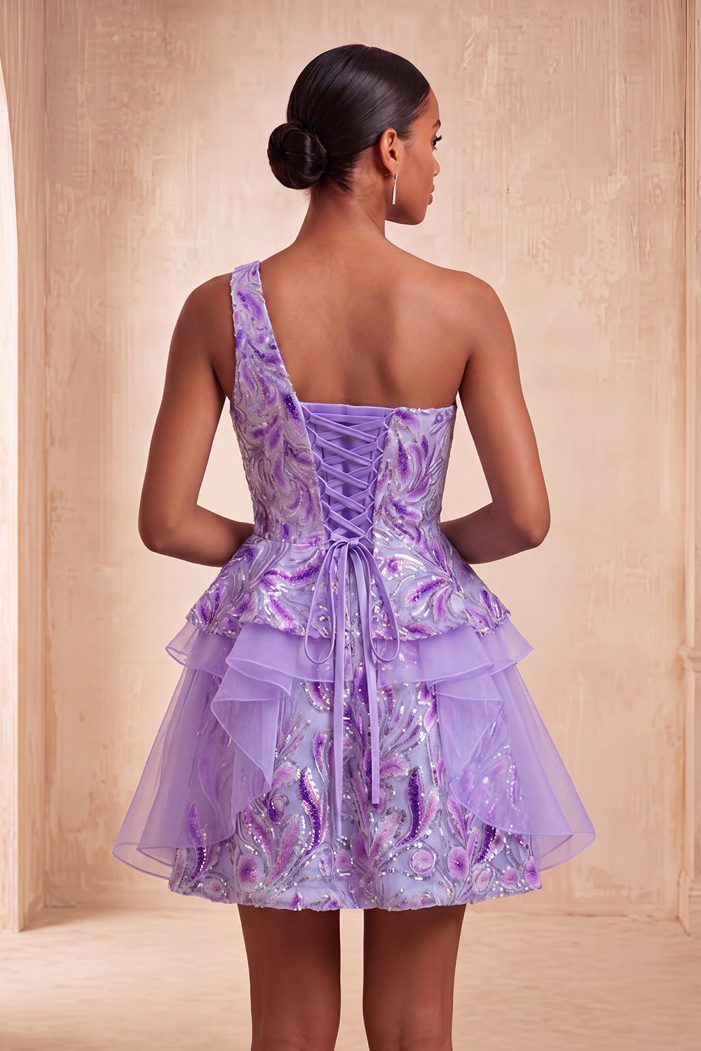 Light Blue A-Line One Shoulder Sequins Ruffled Homecoming Dress with Lace Up Back