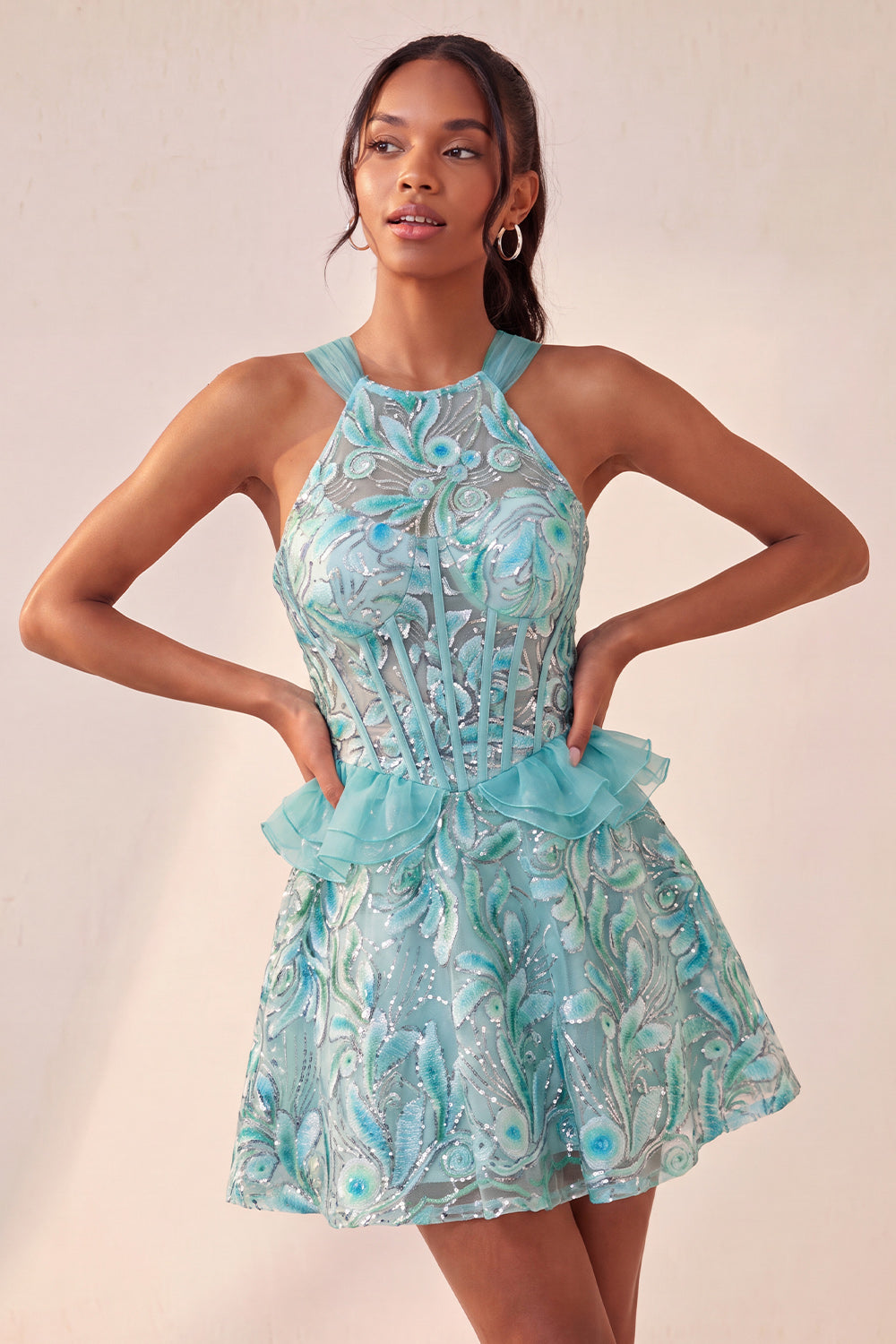 Lake Blue Corset Halter Neck Sequins A-Line Ruffle Lace Up Back Homecoming Dress