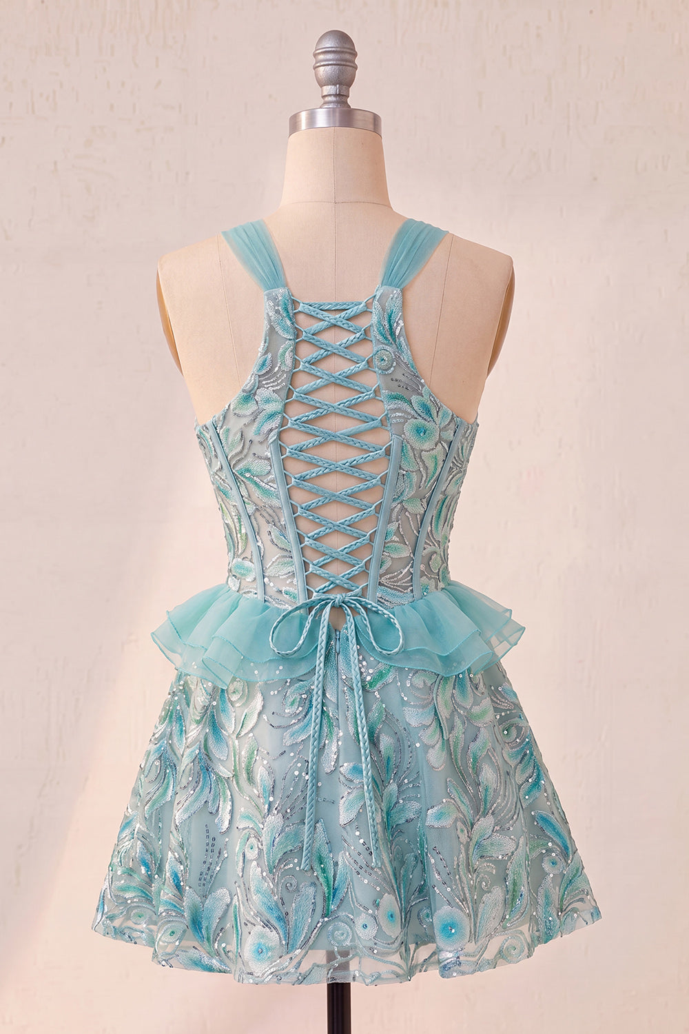 Lake Blue Corset Halter Neck Sequins A-Line Ruffle Lace Up Back Homecoming Dress
