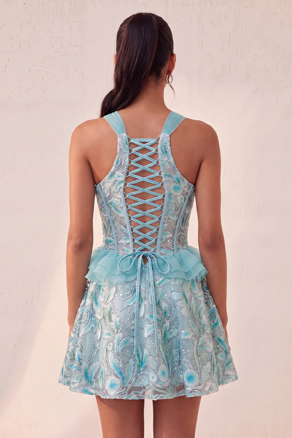 Lake Blue Corset Halter Neck Sequins A-Line Ruffle Lace Up Back Homecoming Dress