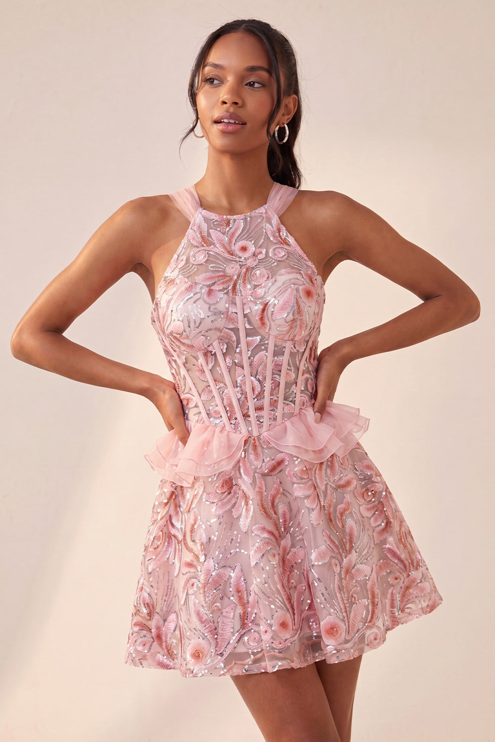 Lake Blue Corset Halter Neck Sequins A-Line Ruffle Lace Up Back Homecoming Dress