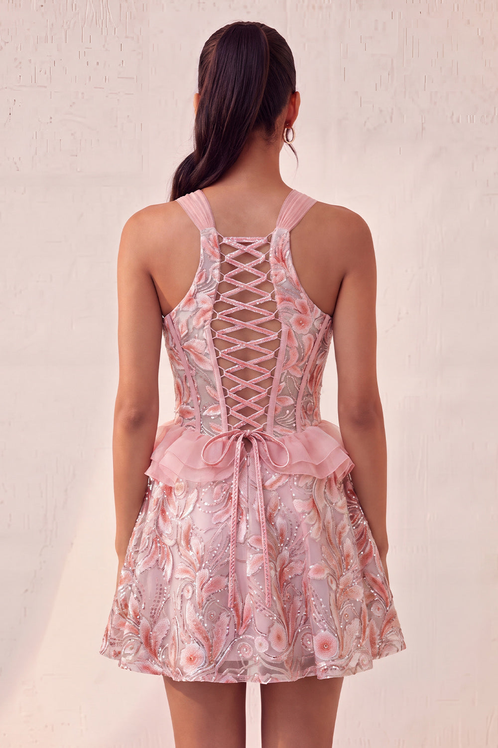 Lake Blue Corset Halter Neck Sequins A-Line Ruffle Lace Up Back Homecoming Dress