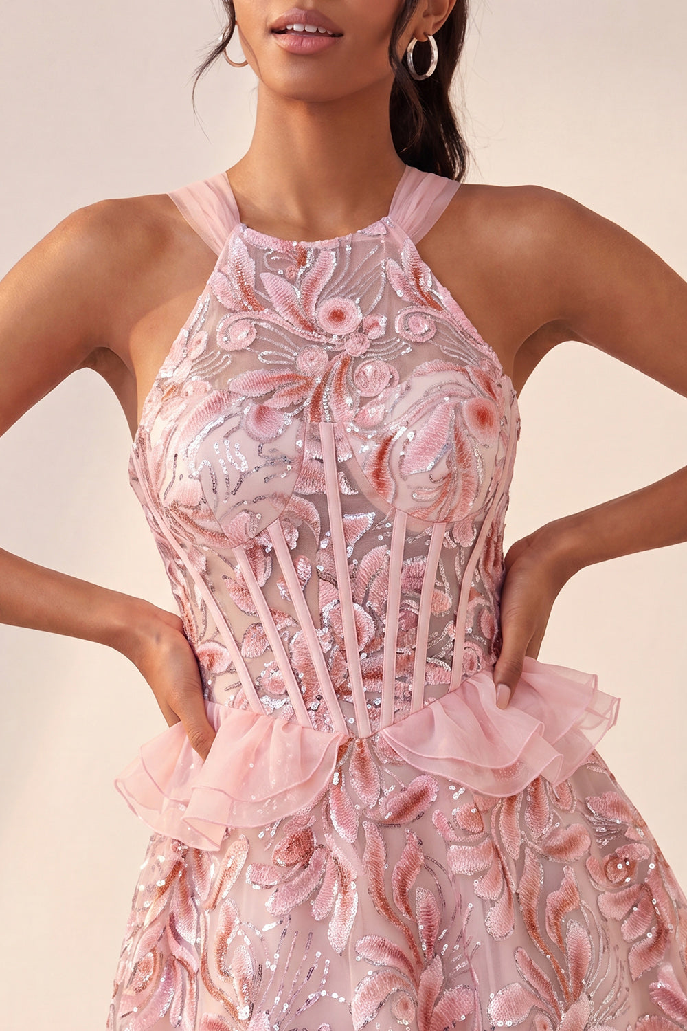 Lake Blue Corset Halter Neck Sequins A-Line Ruffle Lace Up Back Homecoming Dress